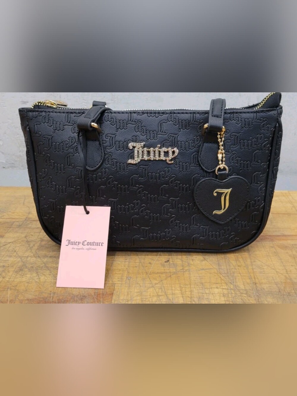 Juicy Couture Black Embossed Logo Satchel with Gold Accents